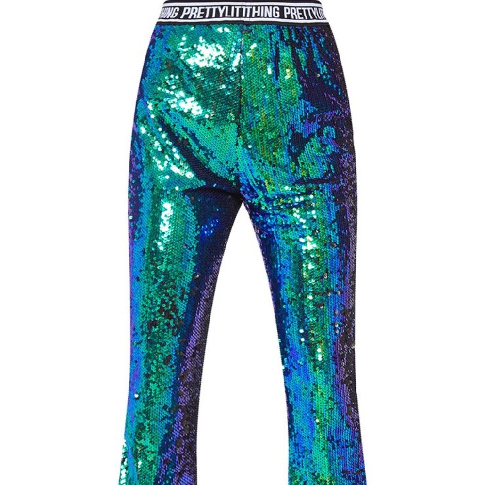 PRETTYLITTLETHING GREEN SEQUIN SIDE TAPE FLARED PA